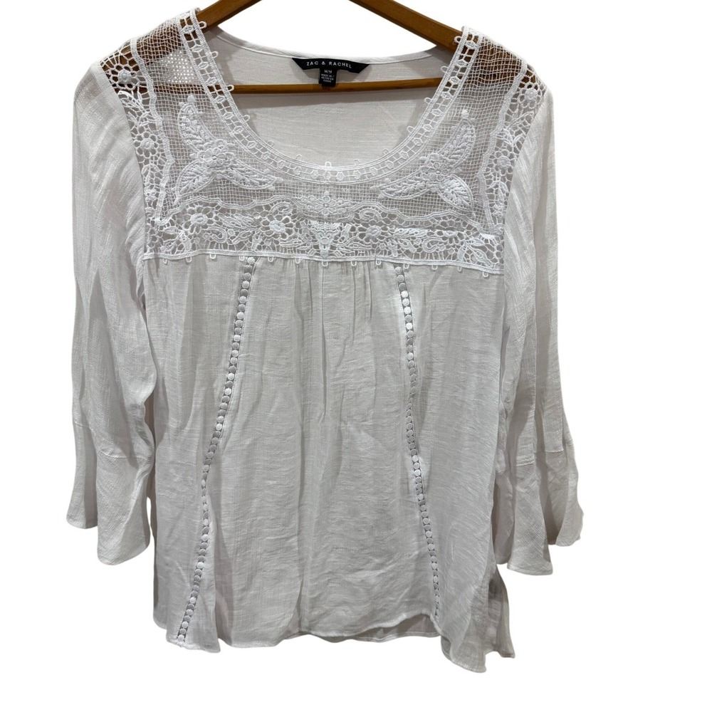 Zac & Rachel White Lace Yoke Peasant Blouse 3/4 Bell Sleeve Boho Top Medium